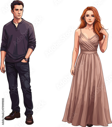 Modern, stylish young couple standing together, a handsome man in casual wear and a beautiful woman in a formal evening gown.