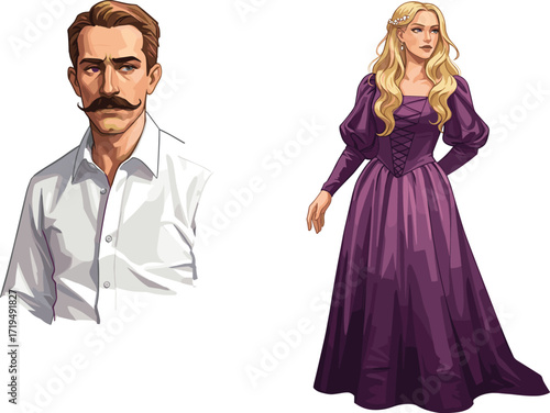 Elegant portrait of a classic man with a distinguished mustache and a beautiful blonde woman in a purple dress, full-length shot.