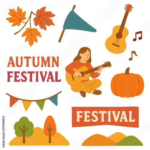 Autumn Music Festival Illustration with Maple Leaves, Pumpkin, and Guitar Player