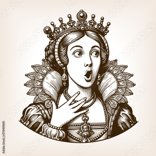 royal queen wearing an ornate crown and jewelry, with wide eyes and surprised expression sketch engraving generative ai fictional character vector illustration. Scratch board. Black and white image.