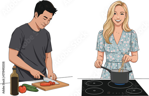 Happy young couple cooking dinner together in a modern kitchen, man chopping vegetables while woman stirs a pot.