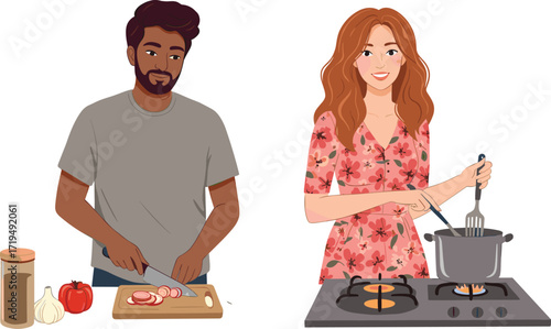 Happy young couple cooking dinner together in a modern kitchen, man chopping vegetables while woman stirs a pot.