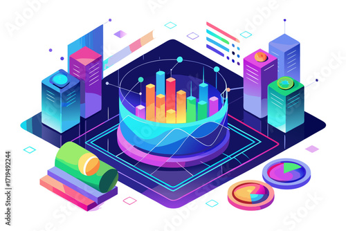 Modern digital workspace showing artificial intelligence technology with holographic data analytics and virtual dashboards. A professional working on a laptop surrounded by futuristic AI visualization