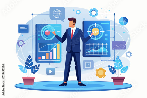 Modern digital workspace showing artificial intelligence technology with holographic data analytics and virtual dashboards. A professional working on a laptop surrounded by futuristic AI visualization