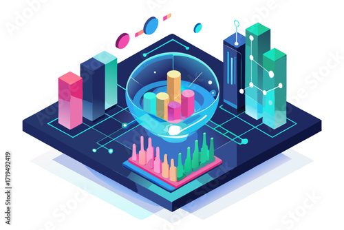 Modern digital workspace showing artificial intelligence technology with holographic data analytics and virtual dashboards. A professional working on a laptop surrounded by futuristic AI visualization