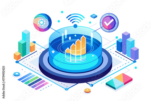 Modern digital workspace showing artificial intelligence technology with holographic data analytics and virtual dashboards. A professional working on a laptop surrounded by futuristic AI visualization