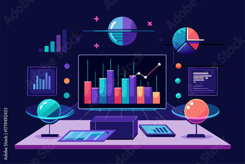 Modern digital workspace showing artificial intelligence technology with holographic data analytics and virtual dashboards. A professional working on a laptop surrounded by futuristic AI visualization