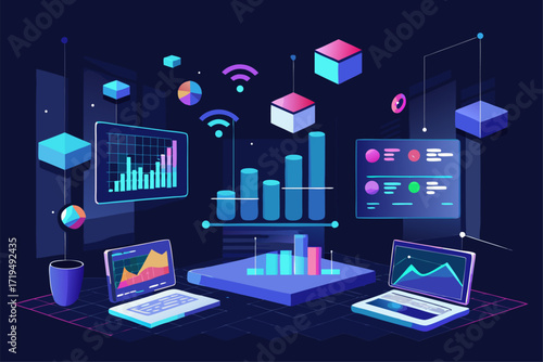 Modern digital workspace showing artificial intelligence technology with holographic data analytics and virtual dashboards. A professional working on a laptop surrounded by futuristic AI visualization