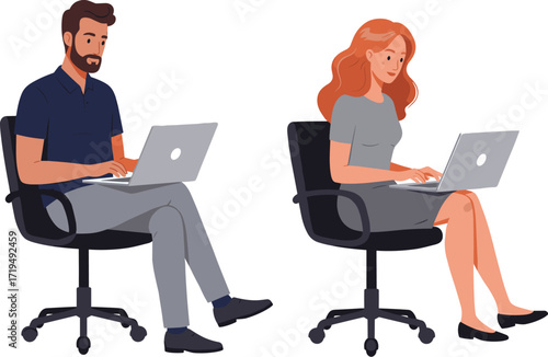 A businessman and a businesswoman working on their laptops, professional colleagues collaborating in a corporate office environment.