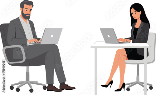 A businessman and a businesswoman working on their laptops, professional colleagues collaborating in a corporate office environment.