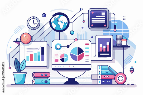 Modern digital workspace showing artificial intelligence technology with holographic data analytics and virtual dashboards. A professional working on a laptop surrounded by futuristic AI visualization