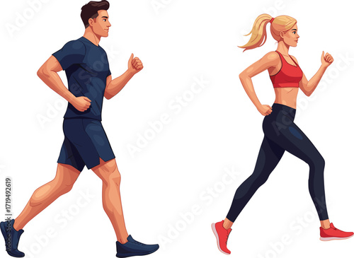 A man and a woman running together, a young athletic couple jogging in sports clothing, an active lifestyle and healthy fitness concept.