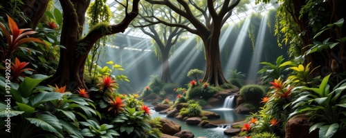 an indoor rainforest with massive trees, thick foliage, small waterfalls and streams, sunlight breaking through glass walls, misty and mystical environment, colorful exotic plants