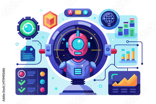 Modern digital workspace showing artificial intelligence technology with holographic data analytics and virtual dashboards. A professional working on a laptop surrounded by futuristic AI visualization