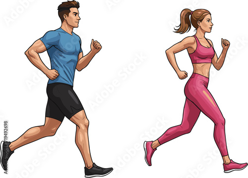 A man and a woman running together, a young athletic couple jogging in sports clothing, an active lifestyle and healthy fitness concept.