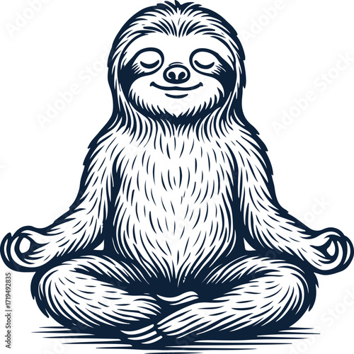 sloth meditating in lotus position yoga mental health style engraving vector
