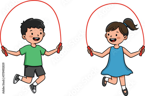 A happy little boy and a cheerful girl jumping rope together, two kids playing and doing a fun fitness activity outdoors.