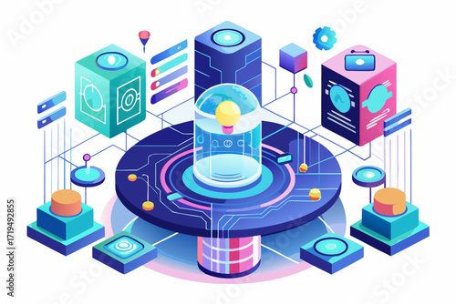 Modern digital workspace showing artificial intelligence technology with holographic data analytics and virtual dashboards. A professional working on a laptop surrounded by futuristic AI visualization