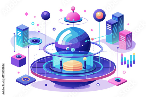 Modern digital workspace showing artificial intelligence technology with holographic data analytics and virtual dashboards. A professional working on a laptop surrounded by futuristic AI visualization