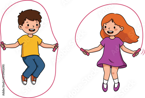 A happy little boy and a cheerful girl jumping rope together, two kids playing and doing a fun fitness activity outdoors.