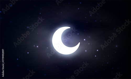 Crescent moon night sky, glowing starfield. Sleep app icon, bedtime story cover, nursery poster, meditation header, lunar phase calendar, Ramadan greeting, astrology banner. Vector illustration.