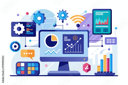 Modern digital workspace showing artificial intelligence technology with holographic data analytics and virtual dashboards. A professional working on a laptop surrounded by futuristic AI visualization