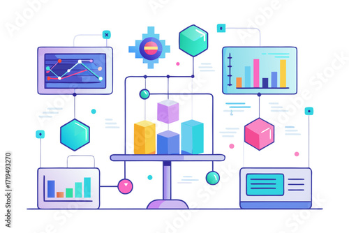 Modern digital workspace showing artificial intelligence technology with holographic data analytics and virtual dashboards. A professional working on a laptop surrounded by futuristic AI visualization
