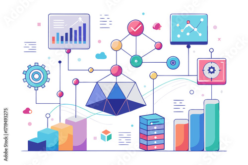 Modern digital workspace showing artificial intelligence technology with holographic data analytics and virtual dashboards. A professional working on a laptop surrounded by futuristic AI visualization