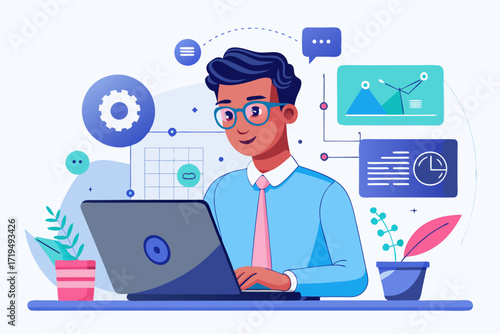 Modern digital workspace showing artificial intelligence technology with holographic data analytics and virtual dashboards. A professional working on a laptop surrounded by futuristic AI visualization