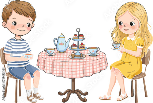 Two happy children enjoying a delightful tea party with teacups and pastries, sharing a fun and imaginative playdate.