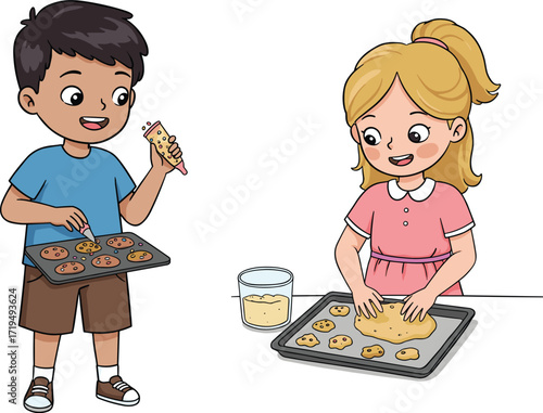 Happy boy and girl baking cookies together, enjoying a fun and creative kitchen activity and learning to cook.