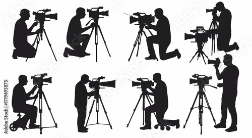 Videographers Capturing Footage with Advanced Cameras and Tripods in Various Poses, Representing Film Production and Media Creation