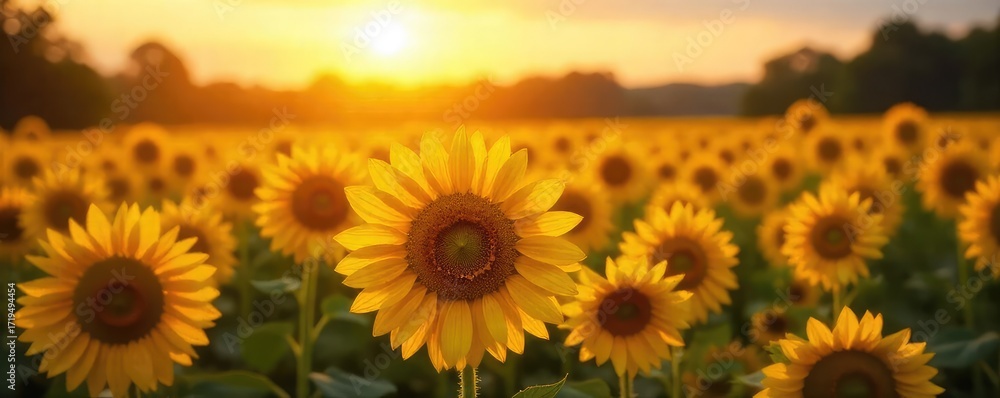 Obraz premium Golden hour sunlight bathes a field of vibrant yellow sunflowers, creating a breathtaking display of nature's beauty Perfect for summer, harvest, or nature themes , summer, countryside, sunny