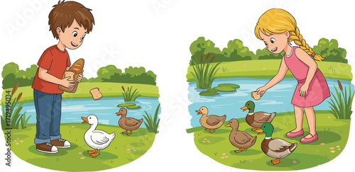  Happy children feeding ducks in a pond, a boy giving food and a girl with bread, vector illustration.