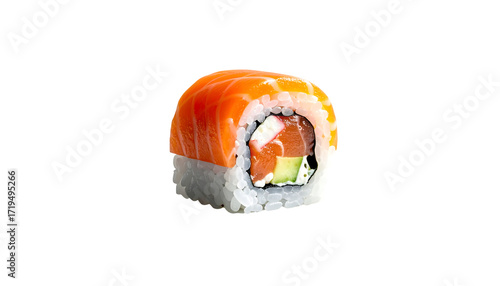Single salmon sushi roll, cut, showing rice, fish, cream cheese, and avocado filling against a black background