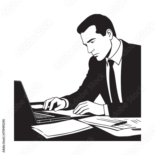 Black and white line art of a hardworking man at office desk with laptop and documents minimalist illustration