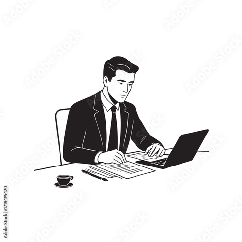 Black and white line art of a hardworking man at office desk with laptop and documents minimalist illustration