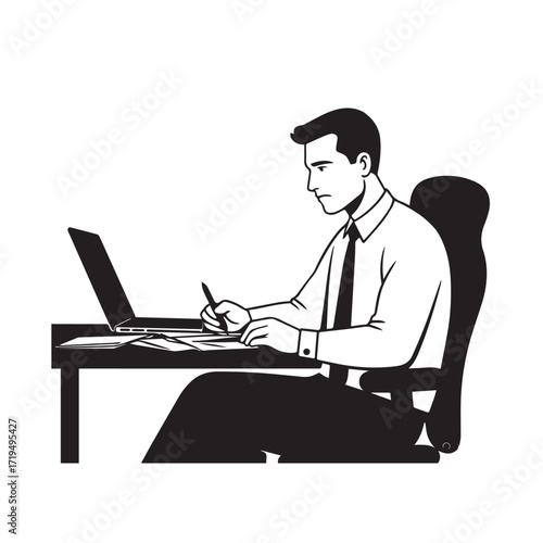 Black and white line art of a hardworking man at office desk with laptop and documents minimalist illustration