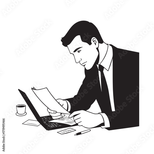 Black and white line art of a hardworking man at office desk with laptop and documents minimalist illustration