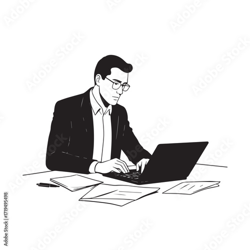 Black and white line art of a hardworking man at office desk with laptop and documents minimalist illustration