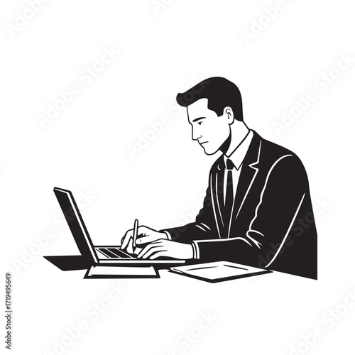 Black and white line art of a hardworking man at office desk with laptop and documents minimalist illustration