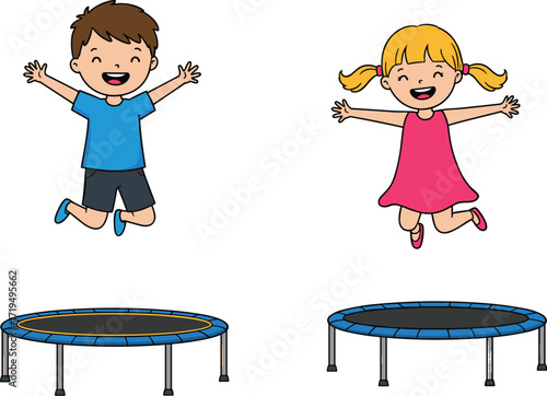  Happy boy and girl jumping on a trampoline with hands up in the air, having fun, vector illustration.