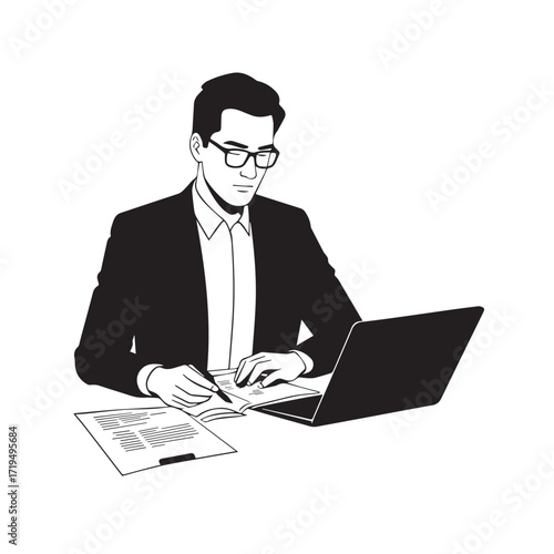Black and white line art of a hardworking man at office desk with laptop and documents minimalist illustration