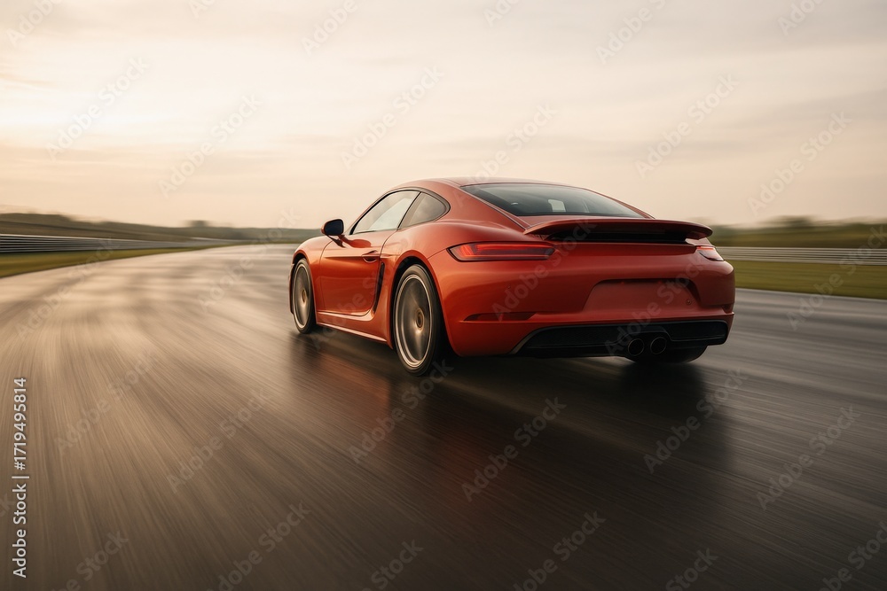 Fototapeta premium Sleek Red Sports Car in Motion on Racetrack: Capturing Speed and Performance at Dusk