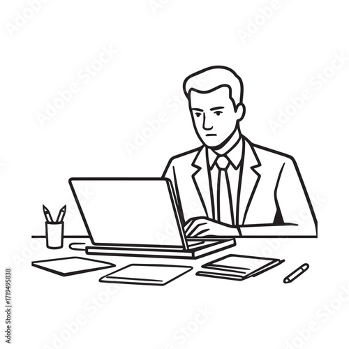 Black and white line art of a hardworking man at office desk with laptop and documents minimalist illustration