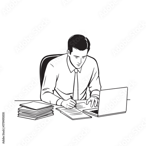 Black and white line art of a hardworking man at office desk with laptop and documents minimalist illustration