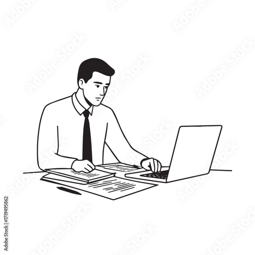 Black and white line art of a hardworking man at office desk with laptop and documents minimalist illustration