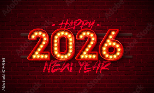 2026 Happy New Year Illustration with White Typography Number and Christmas Ball on Black Background. Holiday Design with Christmas Ornaments for Flyer, Banner, Greeting Card, Celebration Poster