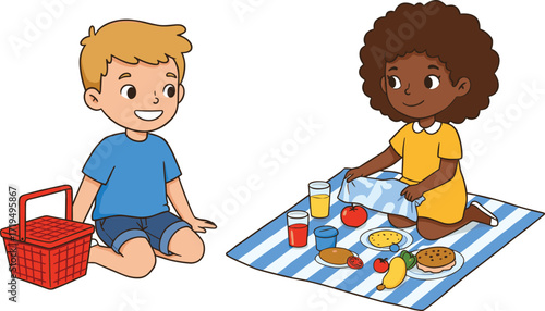 A little boy and girl enjoying a picnic outdoors, with a picnic basket and blanket, vector illustration.