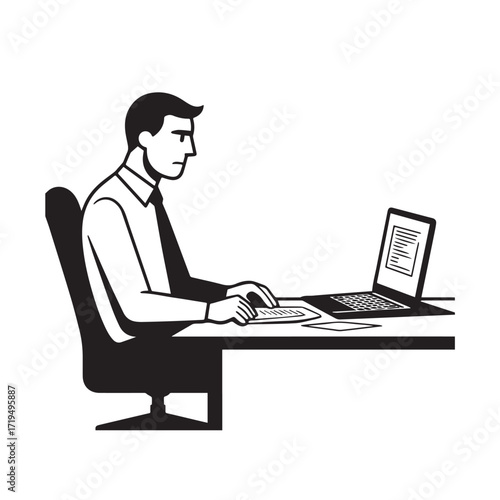 Black and white line art of a hardworking man at office desk with laptop and documents minimalist illustration